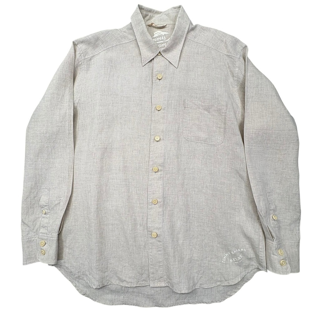 Tommy Bahama Relax 100% Linen Long‎ Sleeve Shirt Mens L Beige Neutral Minimalist